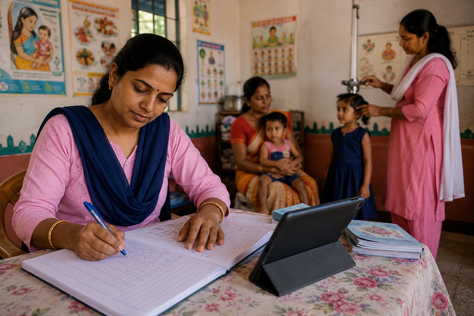 Anganwadi worker writing growth records beside a tablet during monitoring