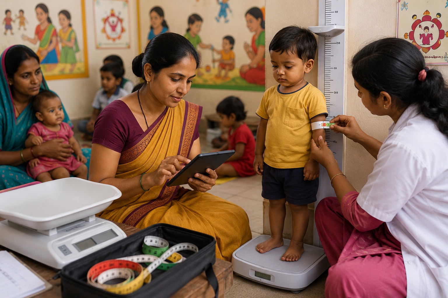 Anganwadi child growth monitoring with tablet scale height board and MUAC tape