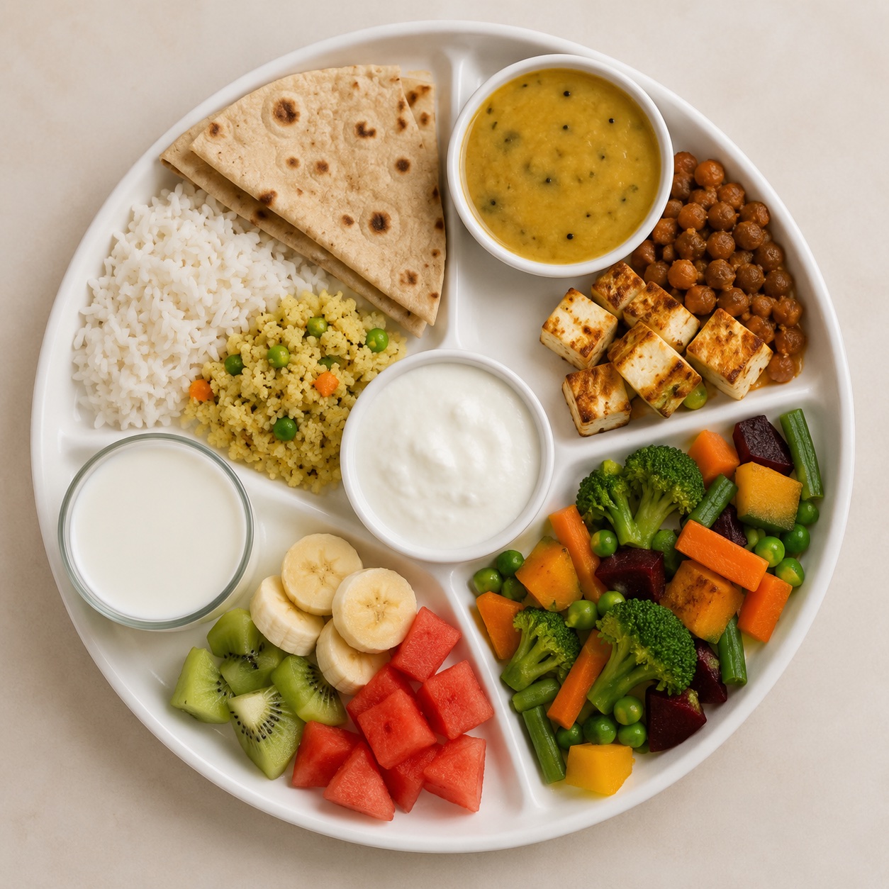 Balanced Indian toddler plate with grains pulses dairy protein fruit and vegetables