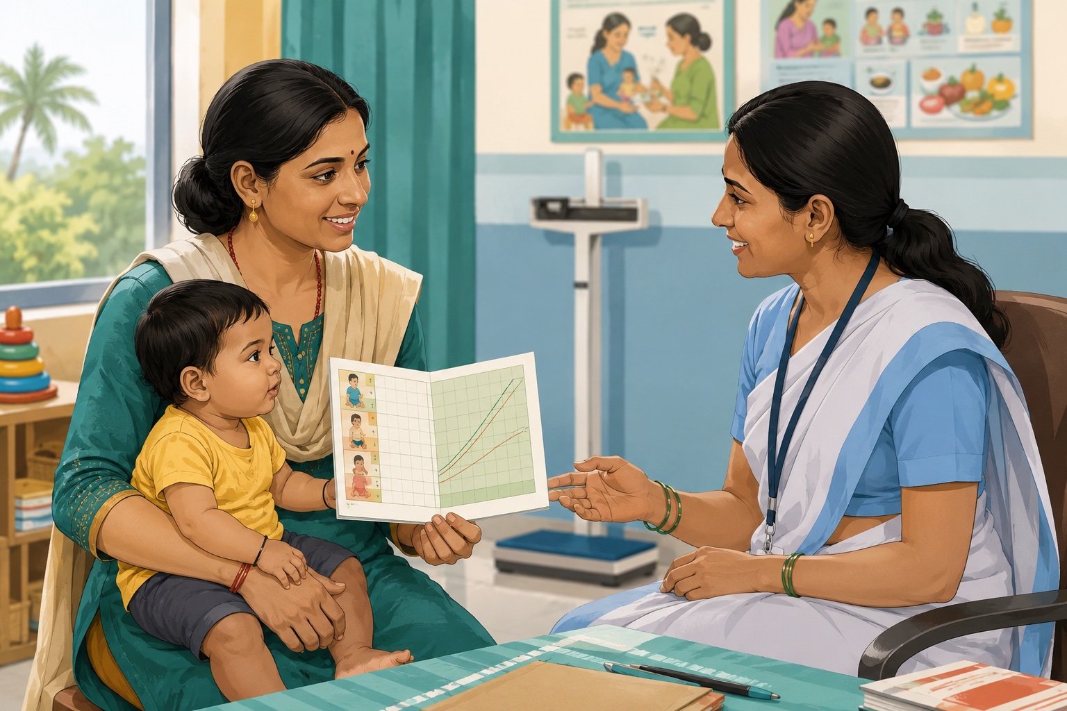 Health worker discussing child growth chart with caregiver and child