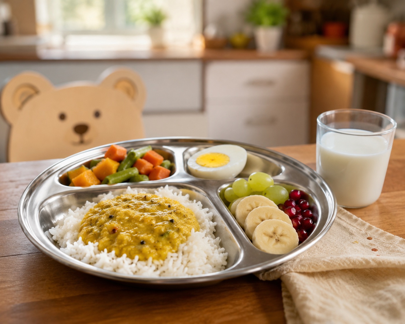 Balanced Indian toddler meal plate with dal rice vegetables egg fruit and milk