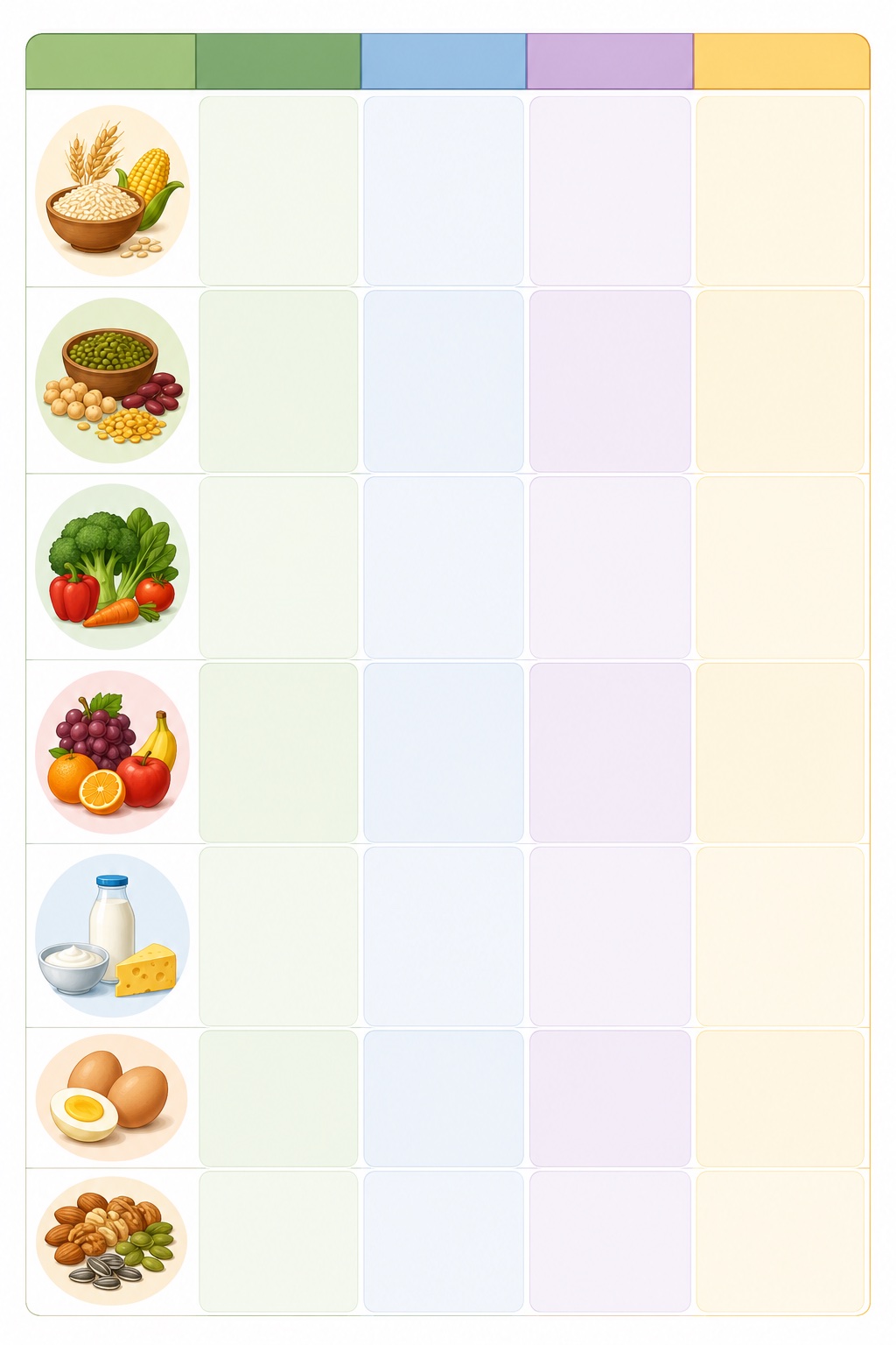 Nutrition table template with grains pulses vegetables fruits dairy eggs and nuts icons