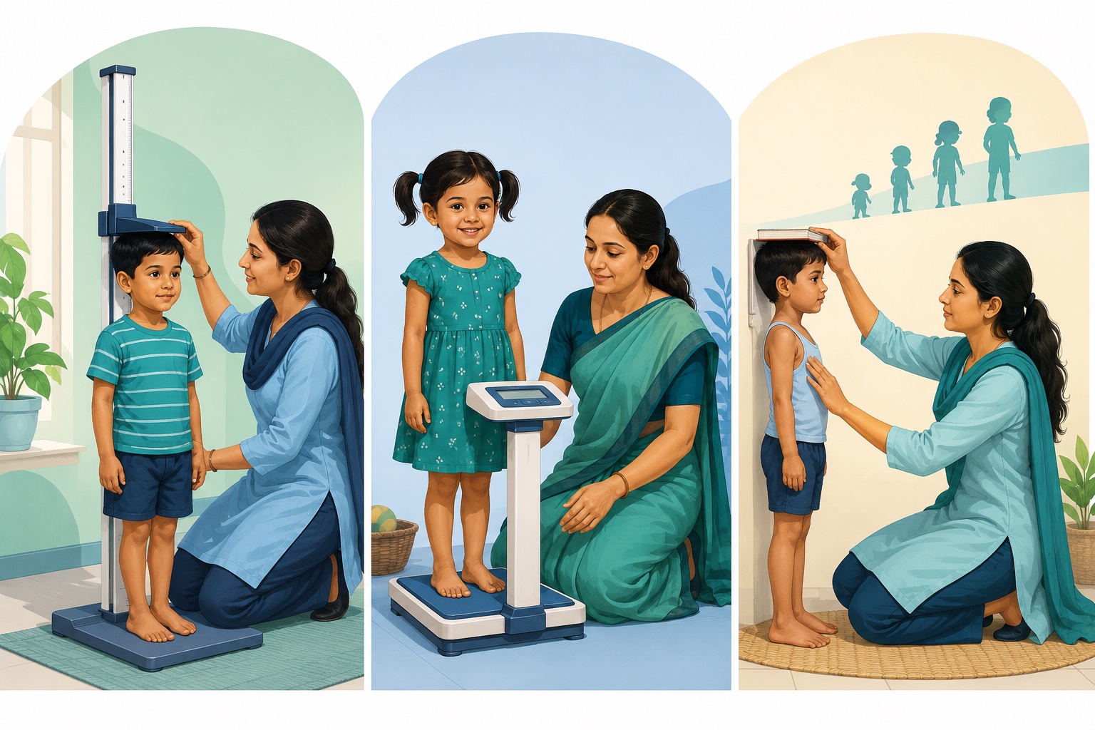 Three child height and weight measurement method scenes
