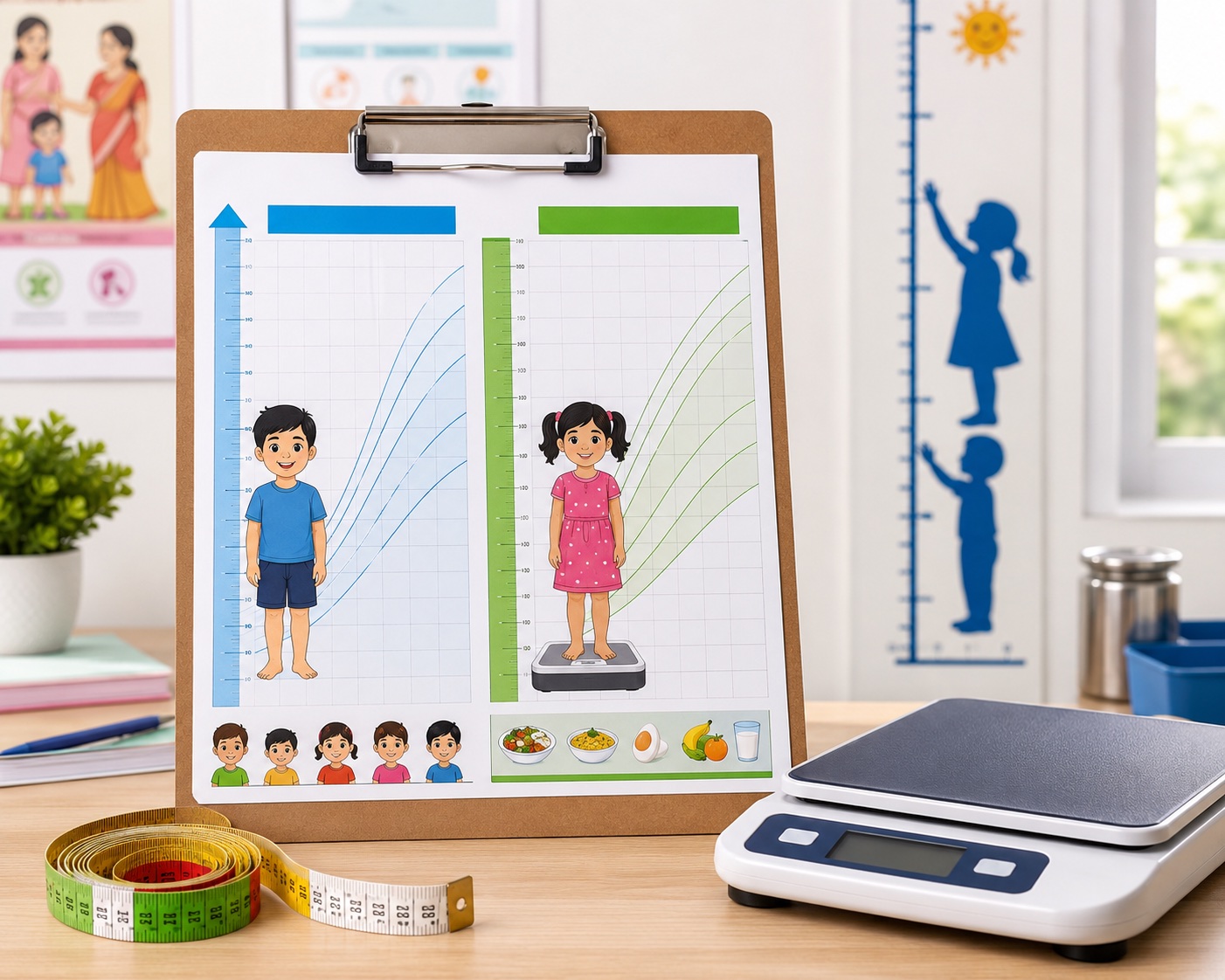 Child height and weight chart clipboard with weighing scale and MUAC tape