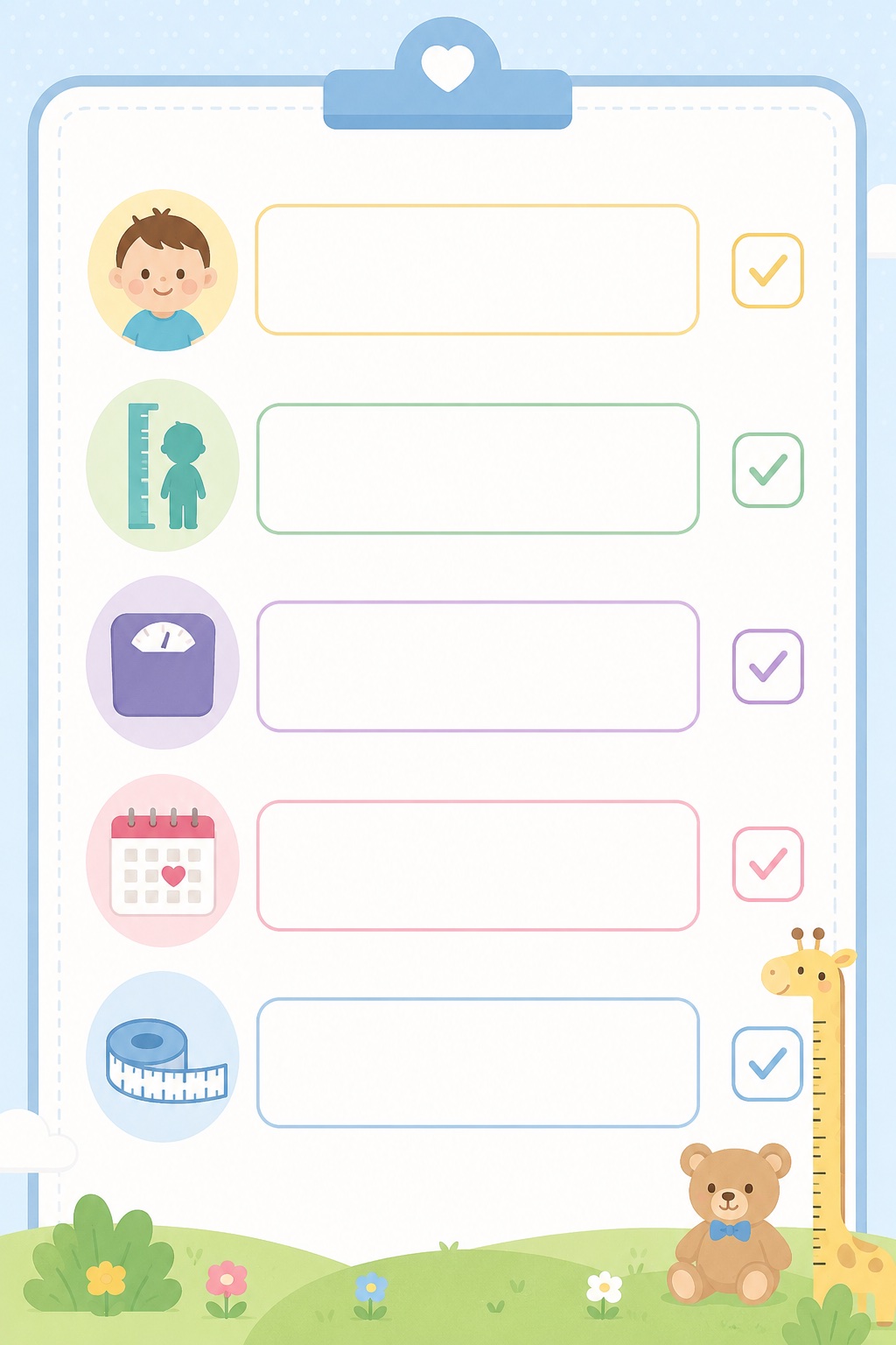 Child growth measurement checklist template with age height weight date and MUAC icons