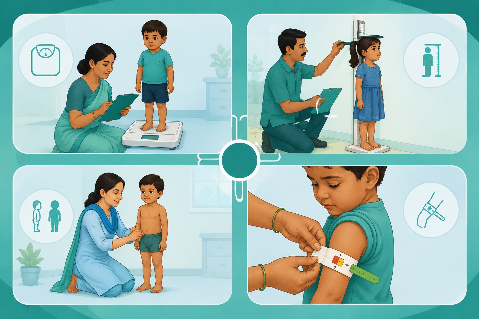 Four child growth indicator scenes for weight height body proportion and MUAC