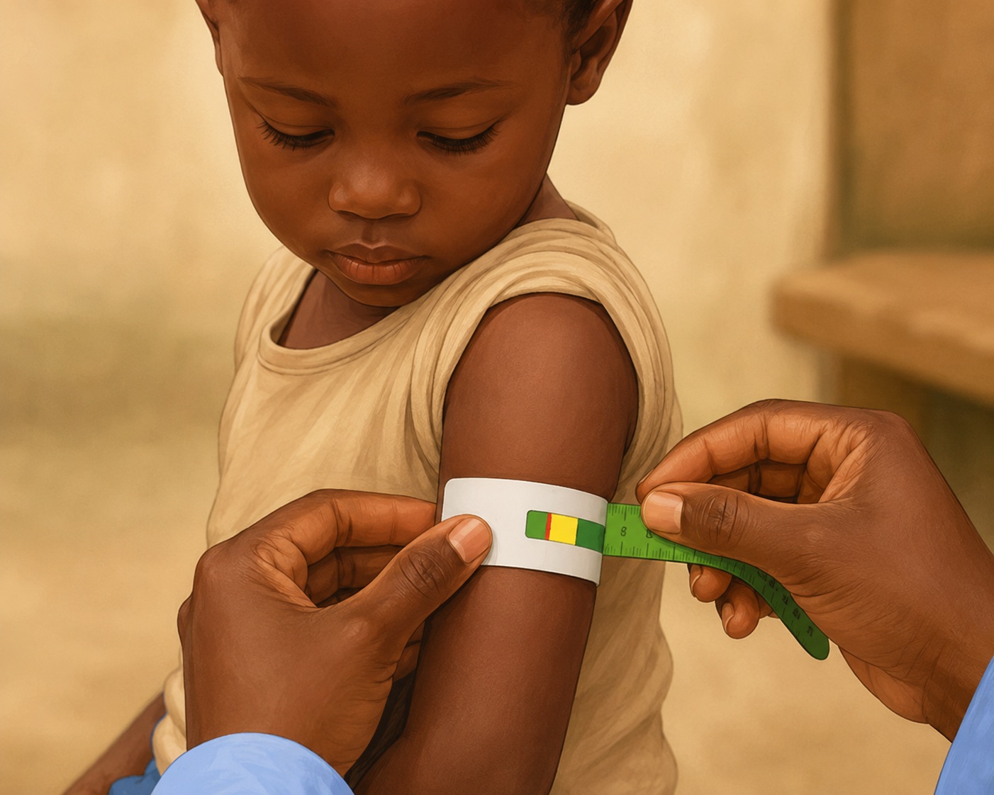 Close up of MUAC tape measurement on a child's upper arm