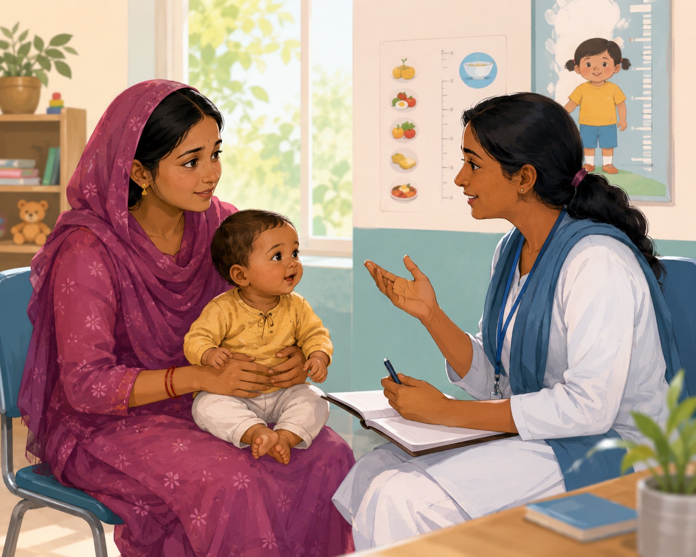 Caregiver and health worker discussing child growth in a clinic room