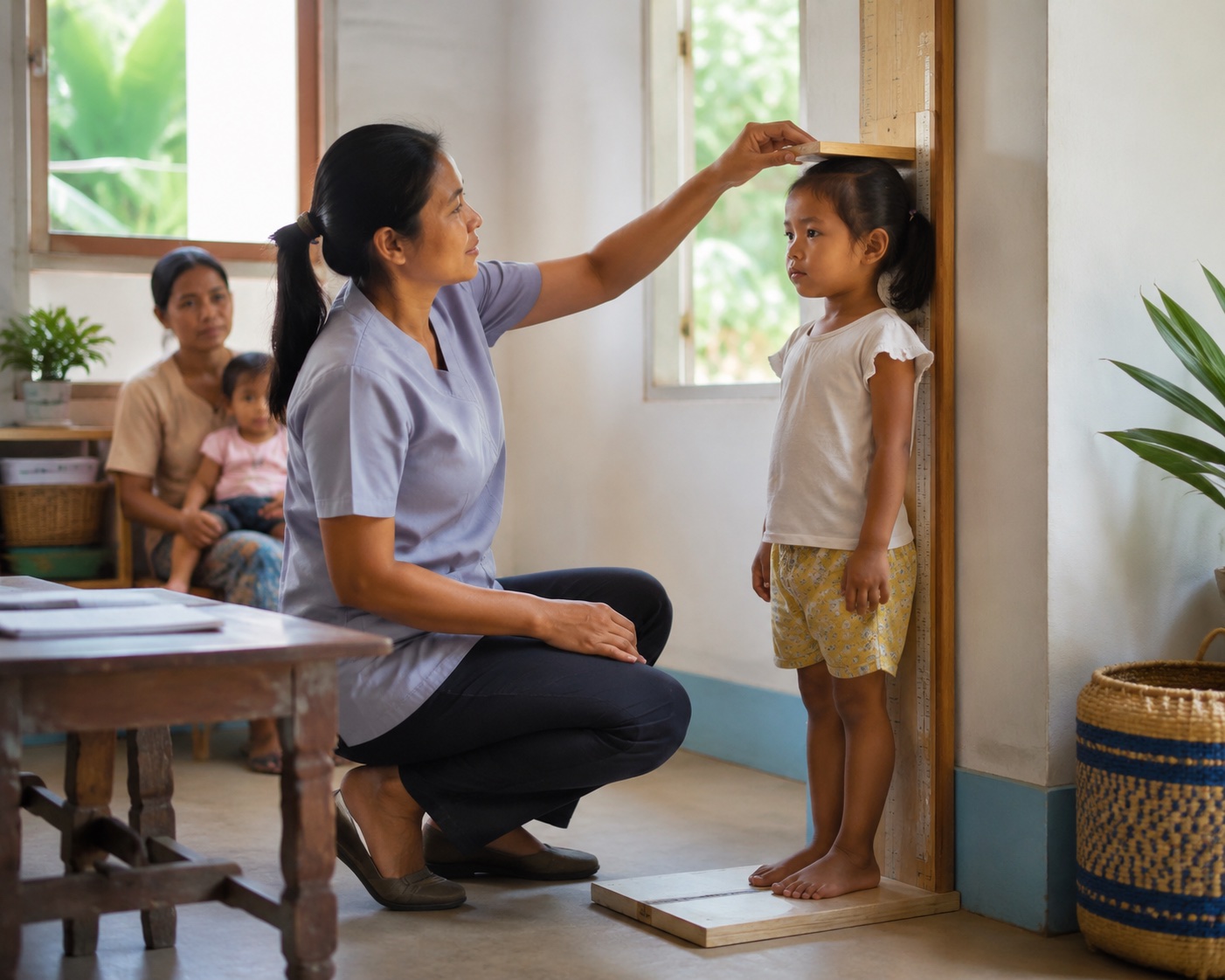Health worker measuring standing height with a wall height board