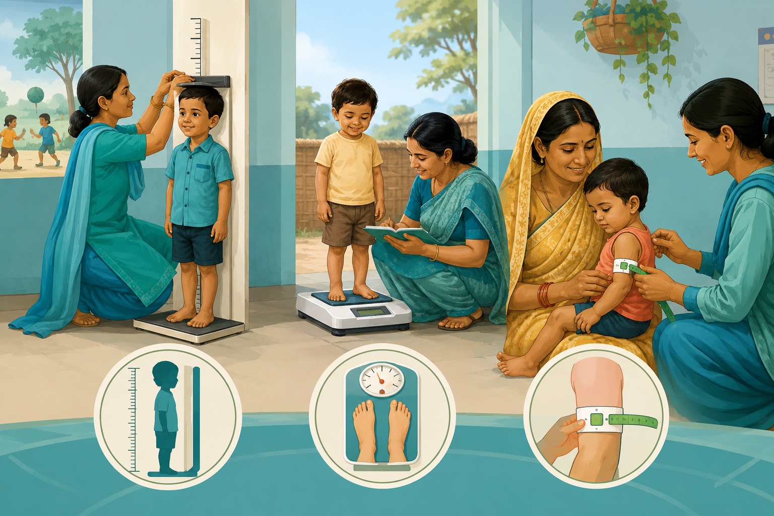 Child growth monitoring scenes for height, weight and MUAC screening