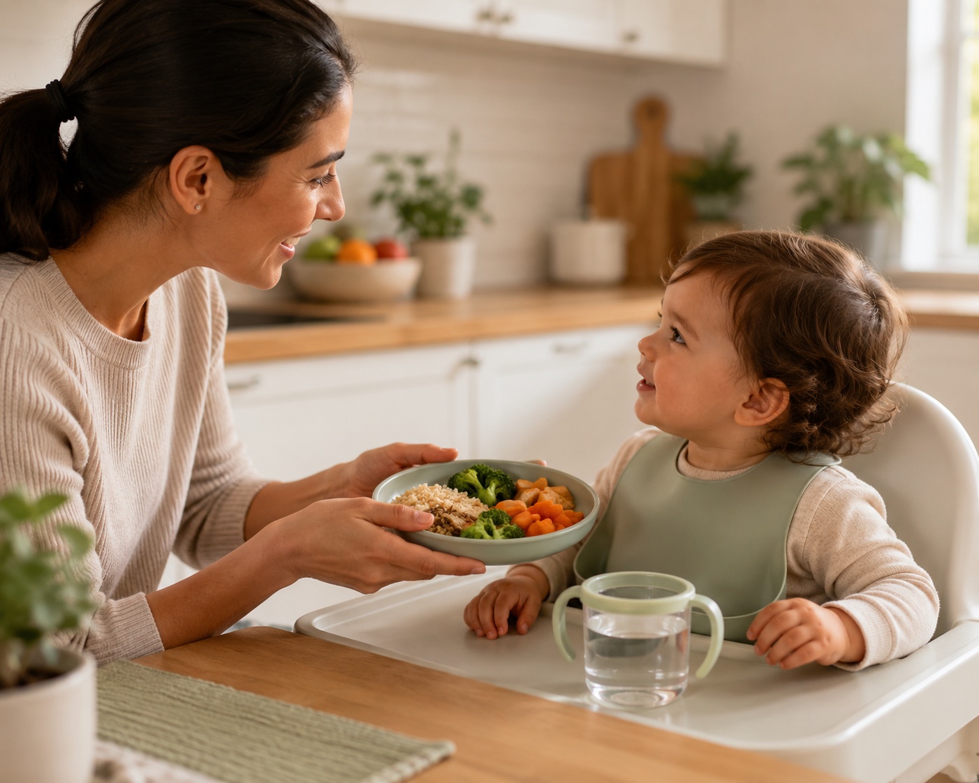 Caregiver offering a balanced meal to a toddler