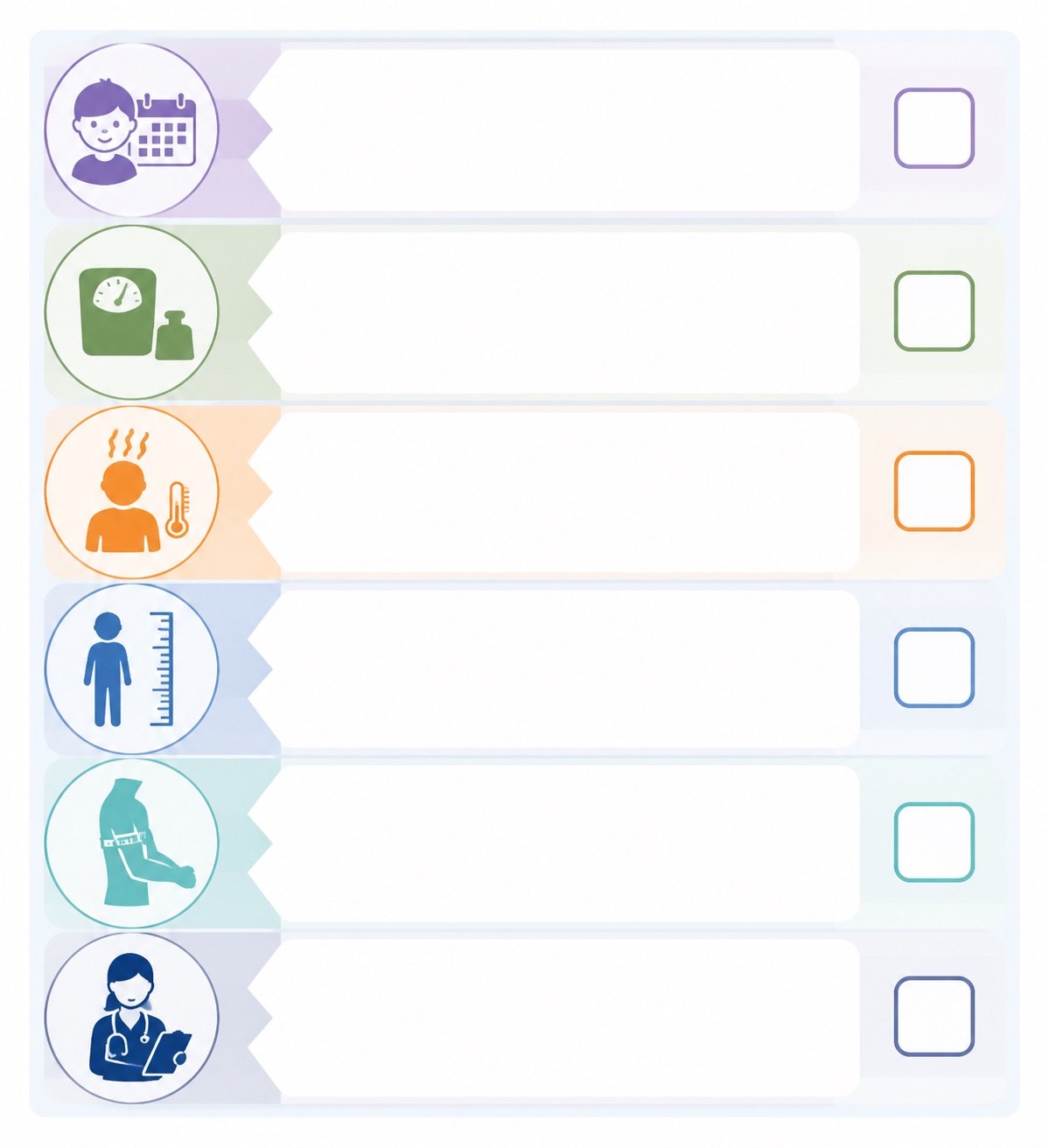 Underweight screening checklist template with age scale height MUAC and health worker icons