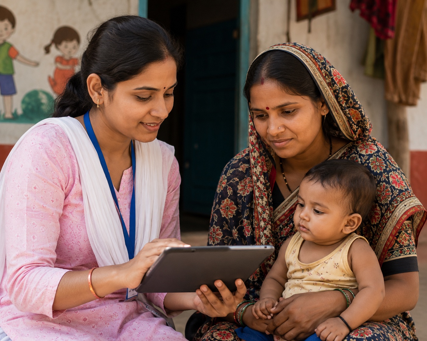Health worker reviewing a child's growth record with caregiver and baby