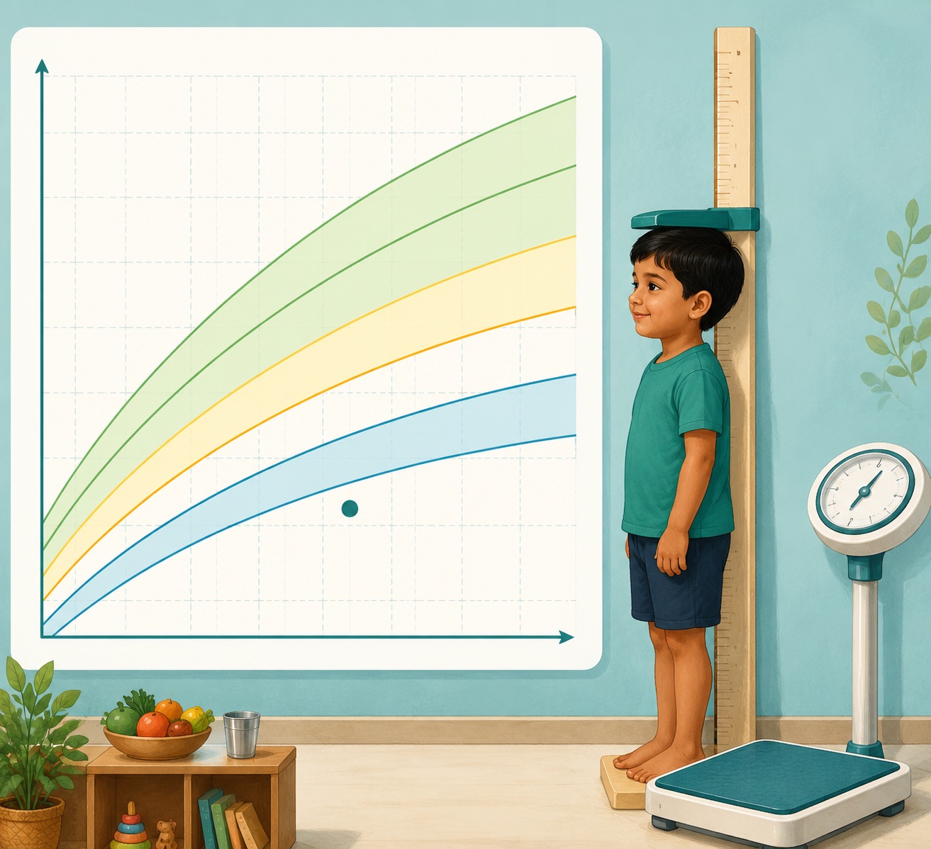 Child standing beside a growth curve chart with height board and weighing scale