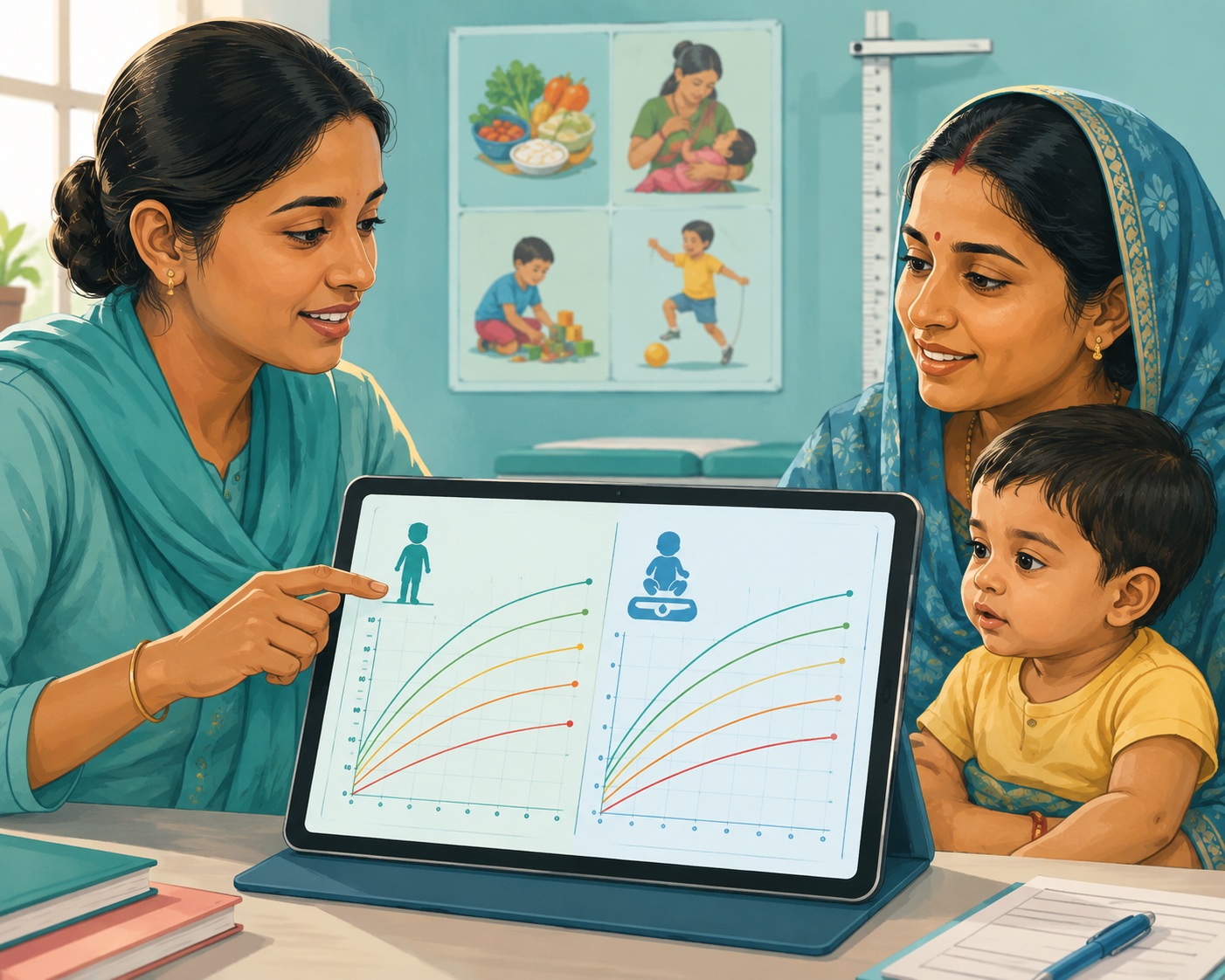 Health worker explaining child growth Z score curves to a caregiver on a tablet