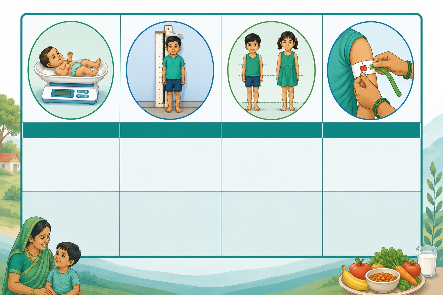 Visual table template showing weight, height, body proportion and MUAC indicators
