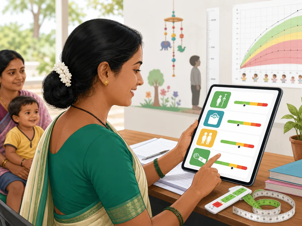 Anganwadi style child growth calculator screen with weight, height, MUAC and result cards