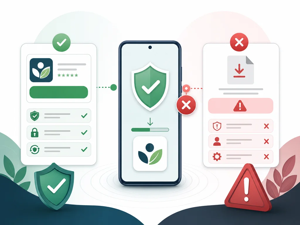 Safe Poshan Tracker app download guidance showing official store and fake APK warning